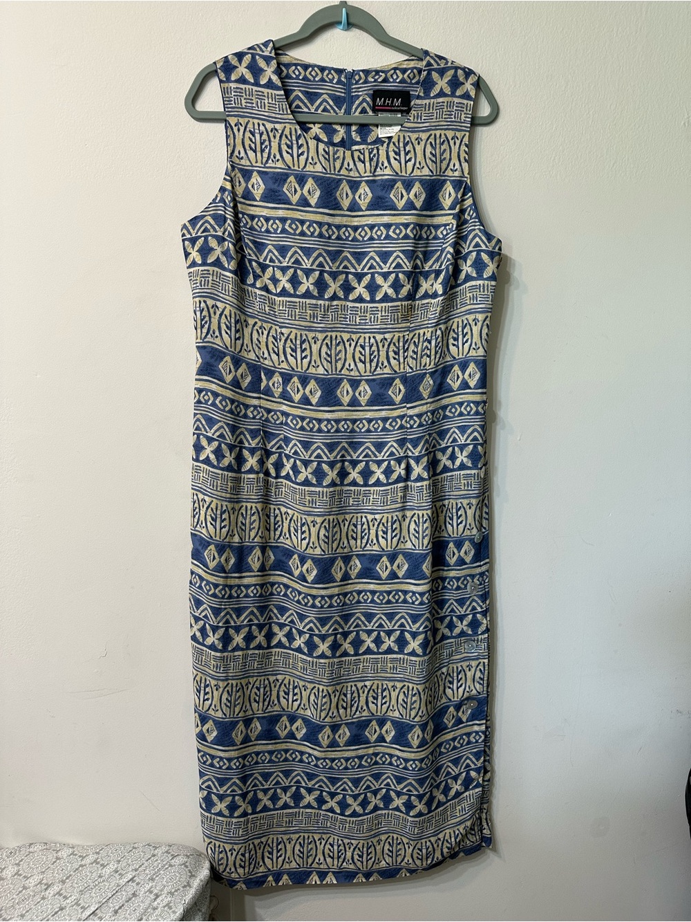 Vtg 90s MHM Melissa Harper Geometric Tribal Midi Dress Size 14 Rayon Boho Sheath
